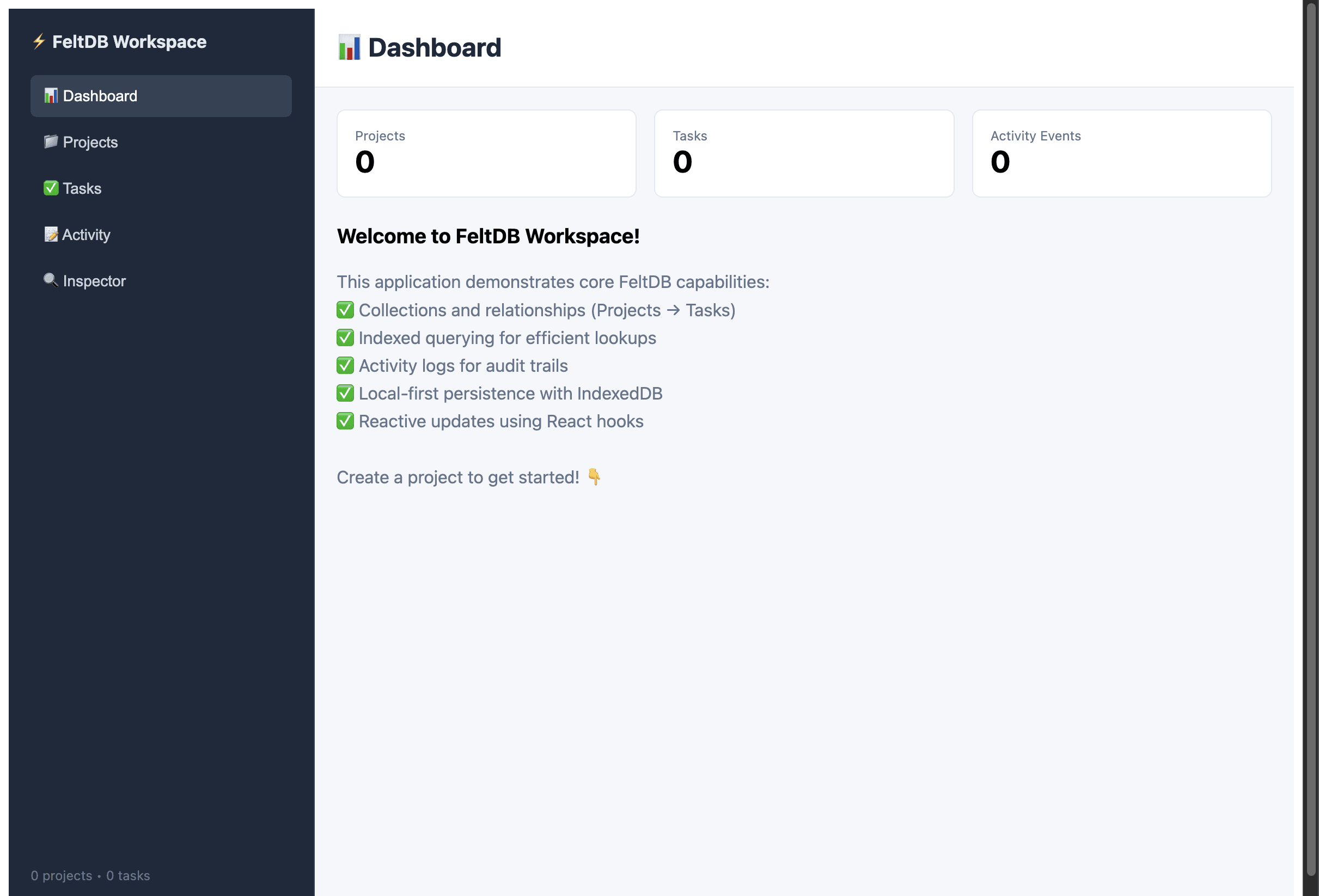 The generated FeltDB Workspace application showing its project, task, activity, and inspector navigation